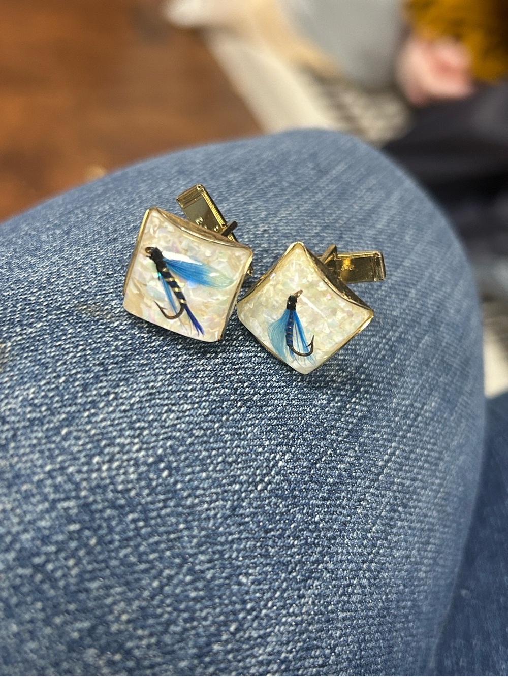 Vintage Fishing Lure Cuff Links with Iridescent Inlay and Gold Tone